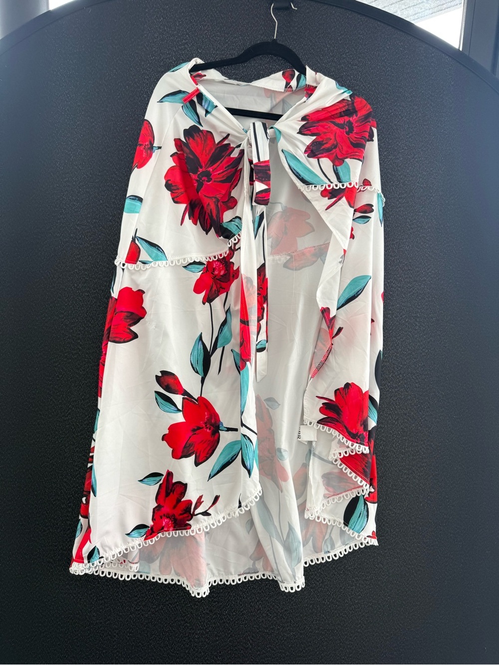 White Floral Tie-Front Cape with Red & Teal Blooms